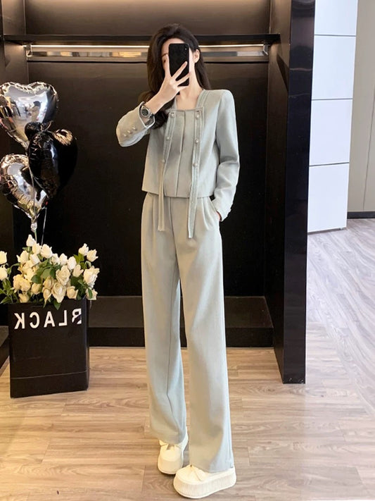 Xiaoxiangfeng high-end fashion suit for women, spring and autumn temperament, professional casual sports wide-leg trousers two-piece set with western style