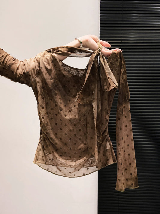 Korean style off-shoulder tie-dye polka dot mesh long-sleeved t-shirt for women, new autumn style, slimming and uniquely beautiful top.