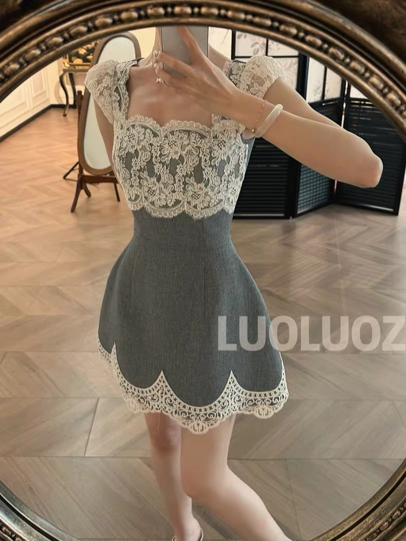 LUOLUOZ [Lace Grey Isle] Sophisticated Grey & White Contrast Lace Cut-out Summer Mini Dress JF1412