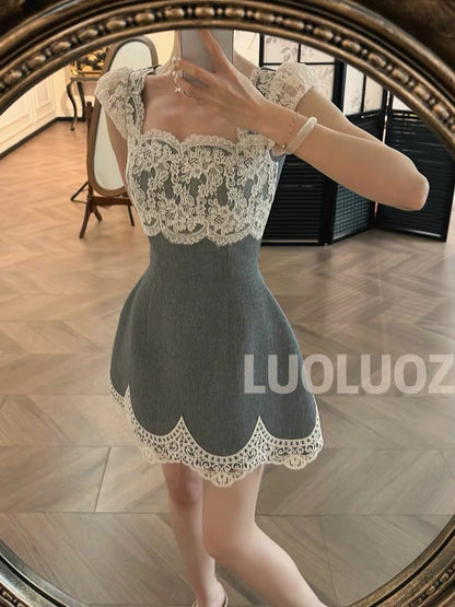 LUOLUOZ [Lace Grey Isle] Sophisticated Grey & White Contrast Lace Cut-out Summer Mini Dress JF1412