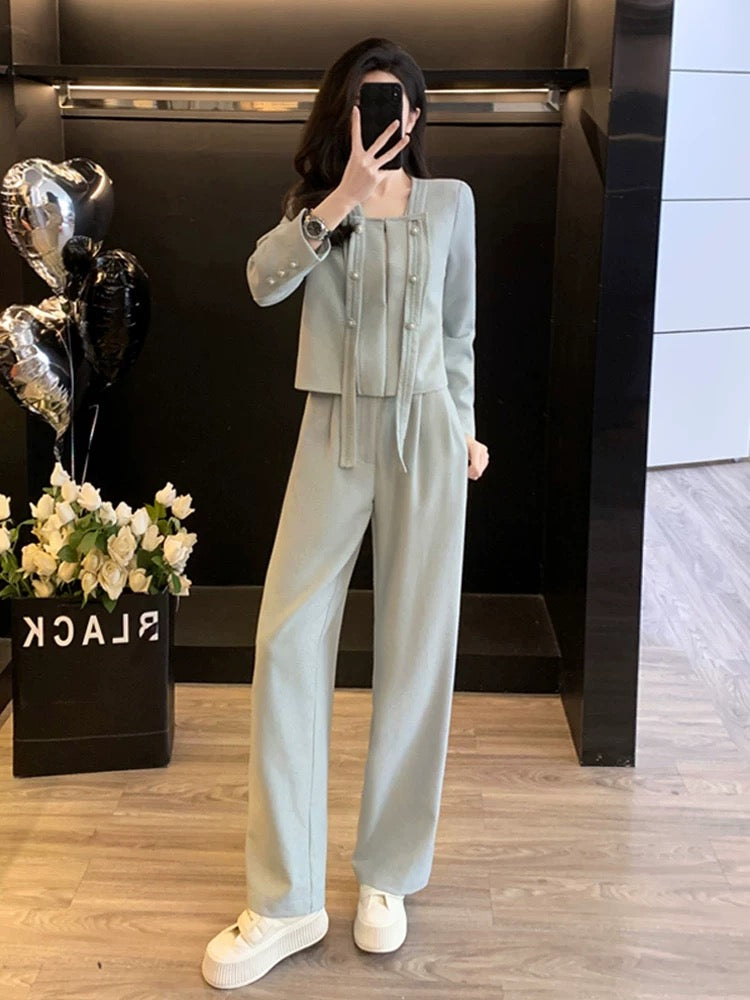 Xiaoxiangfeng high-end fashion suit for women, spring and autumn temperament, professional casual sports wide-leg trousers two-piece set with western style