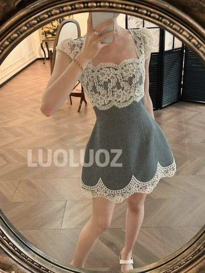 LUOLUOZ [Lace Grey Isle] Sophisticated Grey & White Contrast Lace Cut-out Summer Mini Dress JF1412