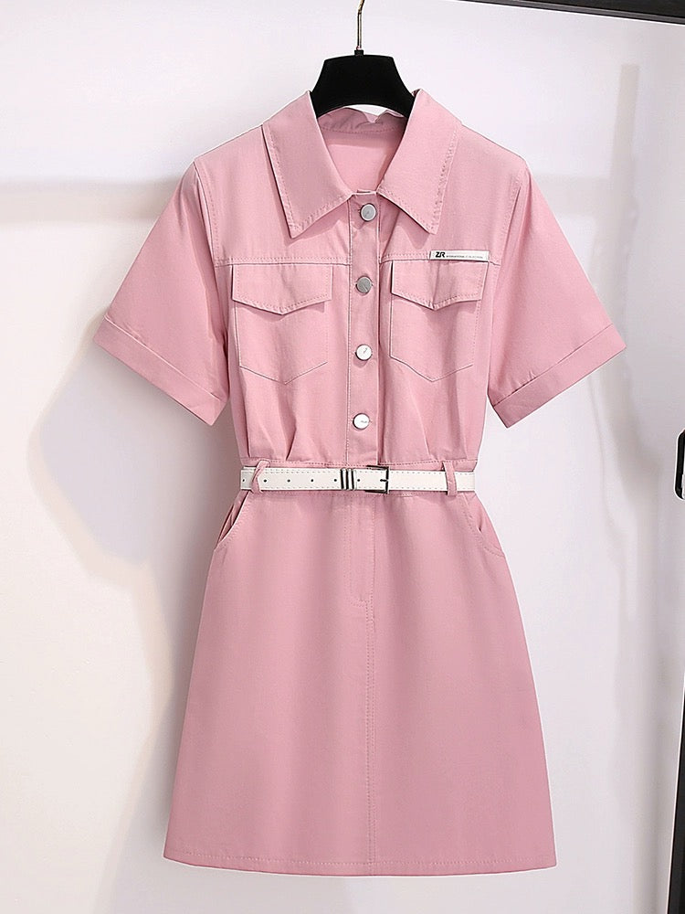 Pink Polo collar dress for women summer 2024 new style small taller casual waist style shirt skirt