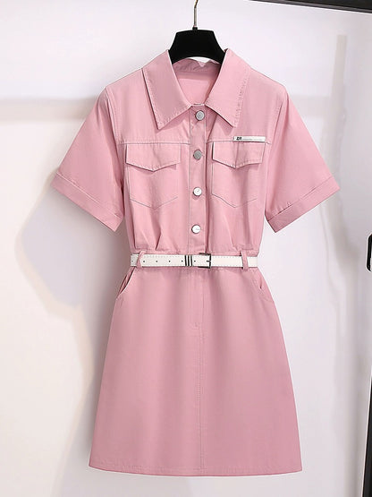 Pink Polo collar dress for women summer 2024 new style small taller casual waist style shirt skirt