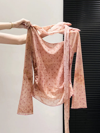 Korean style off-shoulder tie-dye polka dot mesh long-sleeved t-shirt for women, new autumn style, slimming and uniquely beautiful top.