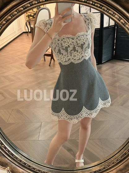 LUOLUOZ [Lace Grey Isle] Sophisticated Grey & White Contrast Lace Cut-out Summer Mini Dress JF1412
