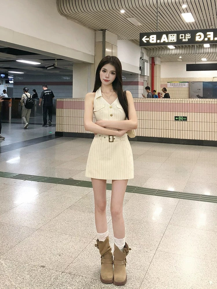 French pure striped V-neck sleeveless halter dress for women, design waist-hugging temperament short skirt, new summer style