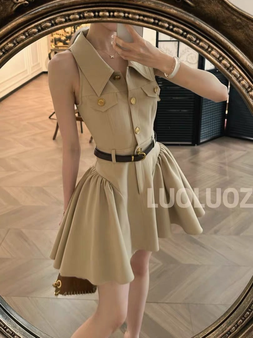 LUOLUOZ [Elegant & Soft] Sleeveless Collared Pleated Mini Dress (Hip-Covering Length) JF1431
