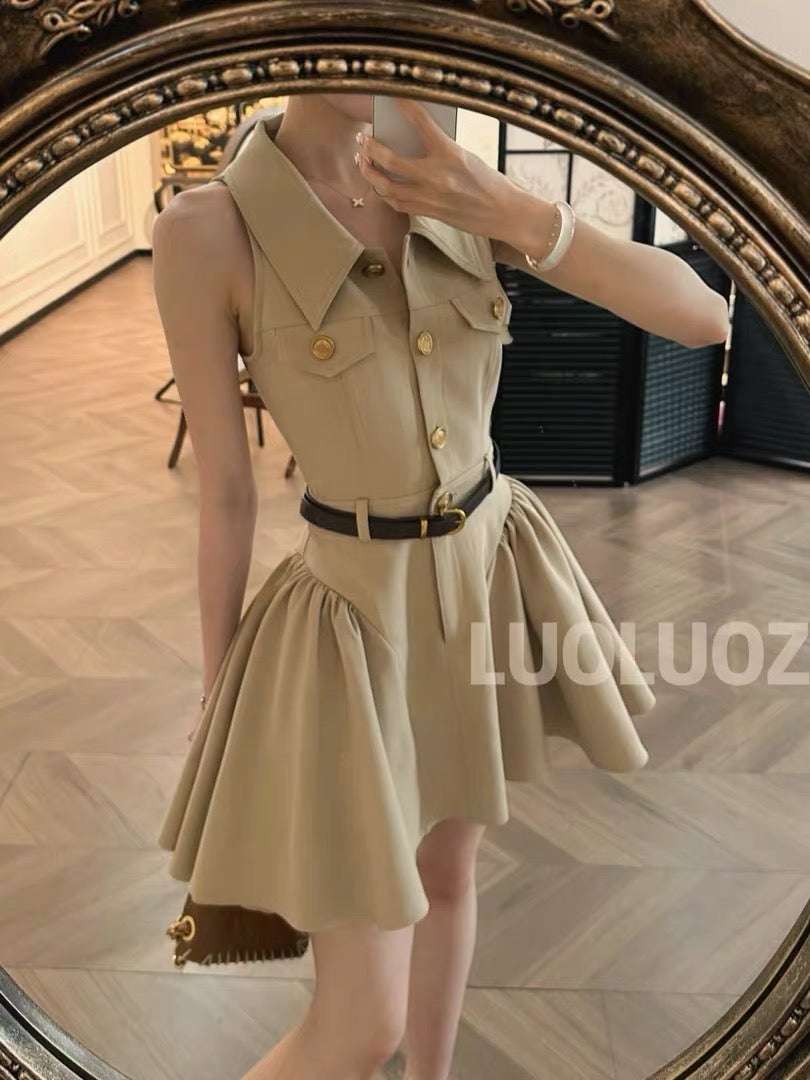 LUOLUOZ [Elegant & Soft] Sleeveless Collared Pleated Mini Dress (Hip-Covering Length) JF1431