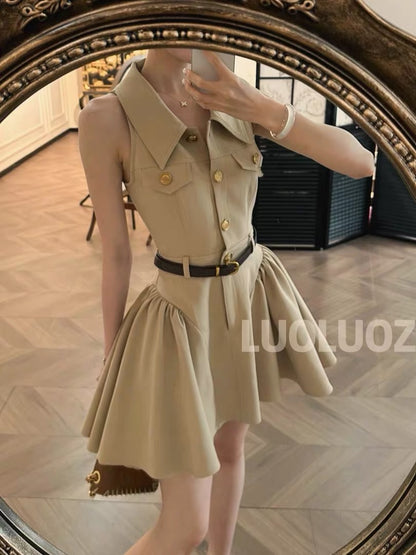 LUOLUOZ [Elegant & Soft] Sleeveless Collared Pleated Mini Dress (Hip-Covering Length) JF1431