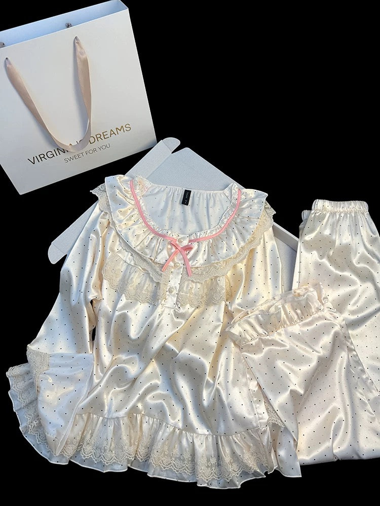 Spring new ice silk pajamas for women French palace style sweet lace ruffled polka dot long-sleeved home clothes suit