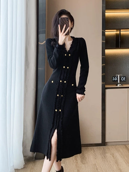 High-end, gentle, long sweater skirt, thickened and elegant, socialite V-neck inner bottoming knitted dress for women in autumn and winter