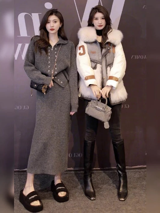 Autumn and winter clothing is matched with a complete set of fashionable and western-style Internet celebrity temperament, high-end knitted sweater and skirt two-piece suit for women