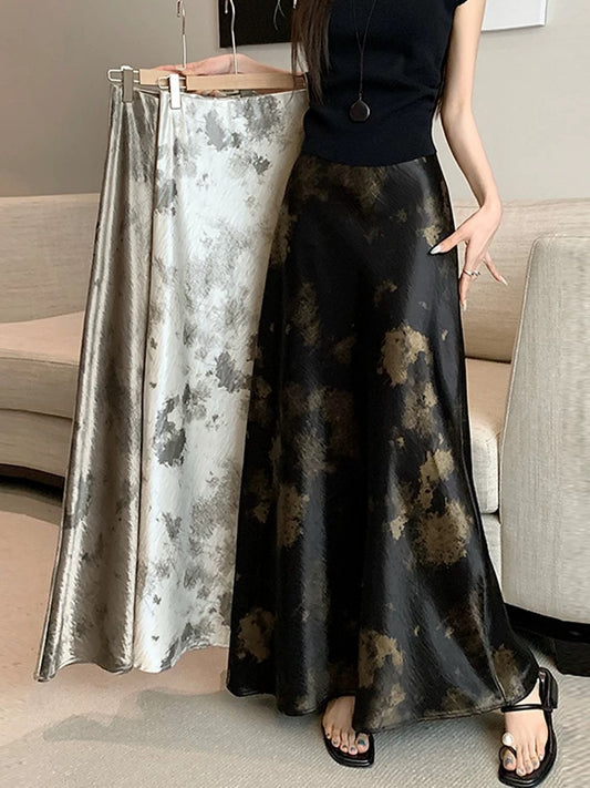 New Chinese style acetate satin tie-dyed fishtail skirt women's summer style high waist slim drape a-line hip long skirt