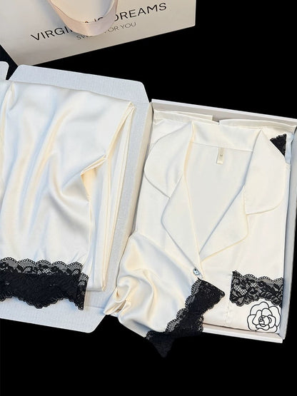 High-grade new pure color camellia ice silk pajamas female soft pure lace lace spring home clothes suit