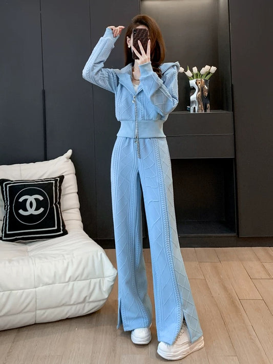 Sports suit for women in autumn and winter, fashionable, casual, age-reducing, European style, streetwear, sweatshirt, wide-leg pants, two-piece set