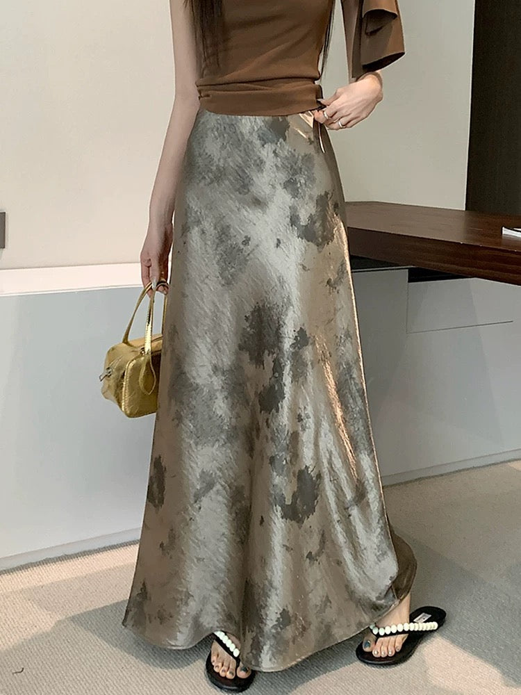 New Chinese style acetate satin tie-dyed fishtail skirt women's summer style high waist slim drape a-line hip long skirt
