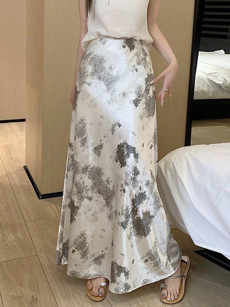 New Chinese style acetate satin tie-dyed fishtail skirt women's summer style high waist slim drape a-line hip long skirt