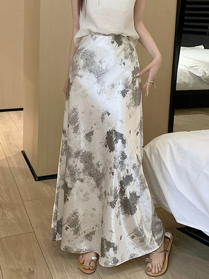 New Chinese style acetate satin tie-dyed fishtail skirt women's summer style high waist slim drape a-line hip long skirt