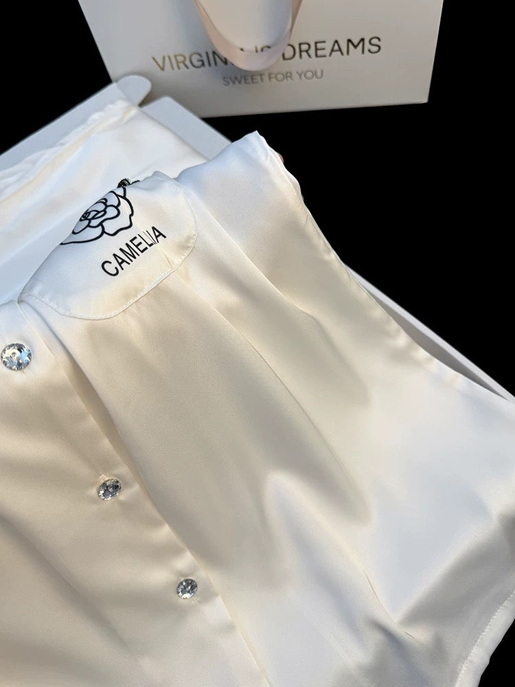 High-grade new pure color camellia ice silk pajamas female soft pure lace lace spring home clothes suit