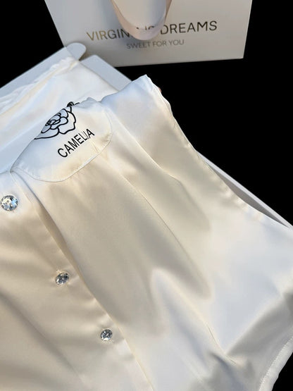 High-grade new pure color camellia ice silk pajamas female soft pure lace lace spring home clothes suit