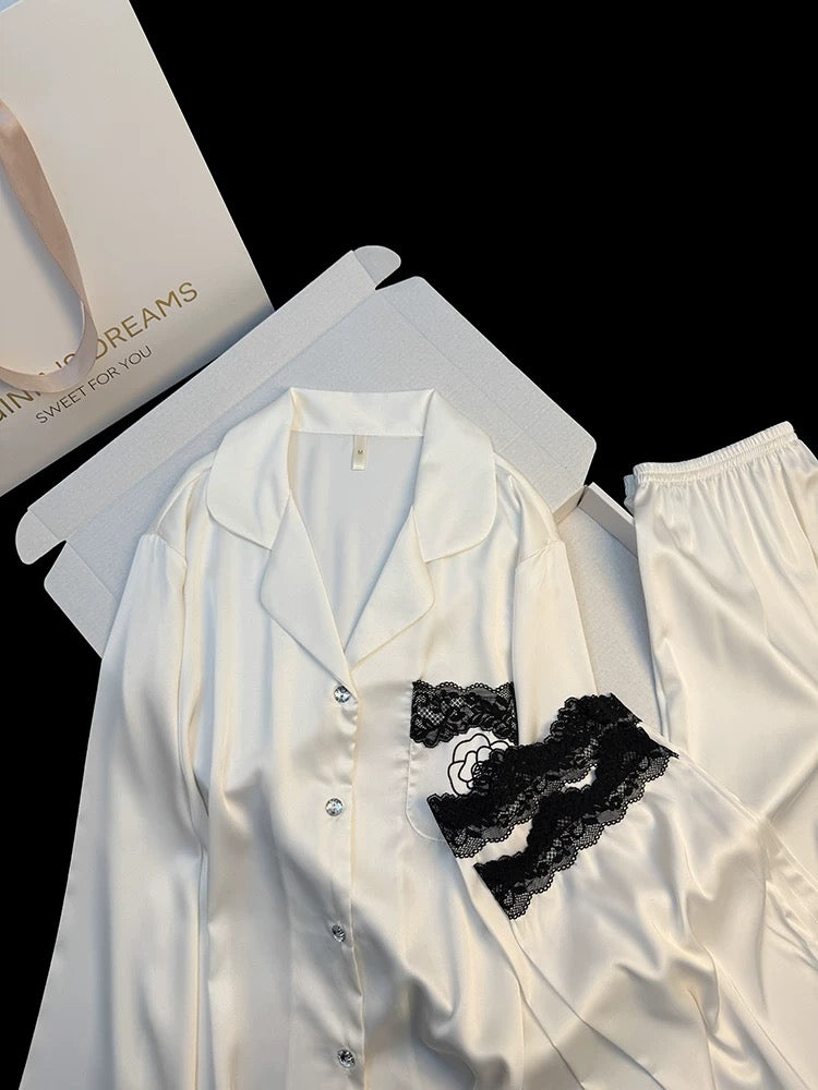 High-grade new pure color camellia ice silk pajamas female soft pure lace lace spring home clothes suit