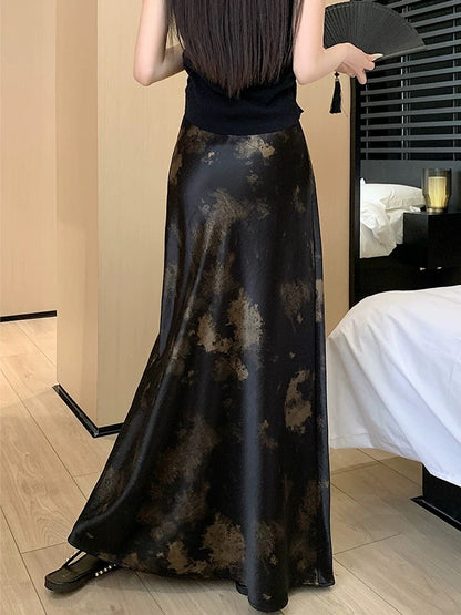 New Chinese style acetate satin tie-dyed fishtail skirt women's summer style high waist slim drape a-line hip long skirt