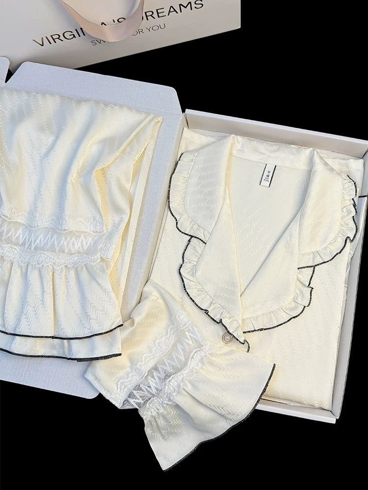 French lace collar solid color ice silk pajamas women spring and summer trumpet long sleeve jacquard sweet home clothes suit