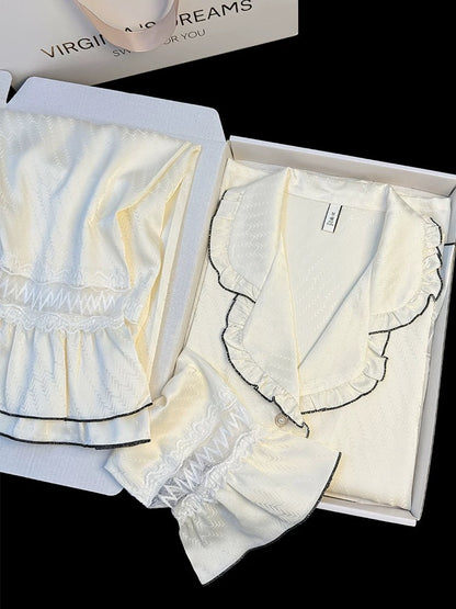 French lace collar solid color ice silk pajamas women spring and summer trumpet long sleeve jacquard sweet home clothes suit