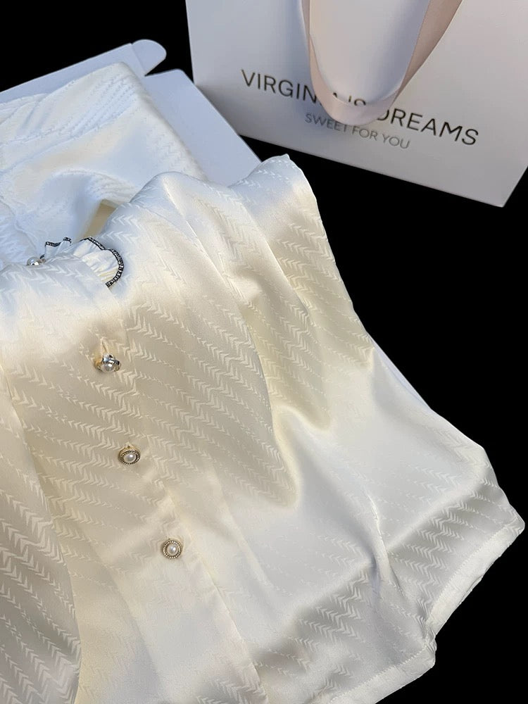 French lace collar solid color ice silk pajamas women spring and summer trumpet long sleeve jacquard sweet home clothes suit