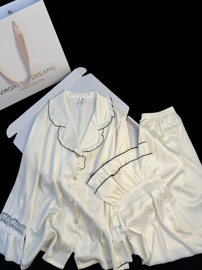 French lace collar solid color ice silk pajamas women spring and summer trumpet long sleeve jacquard sweet home clothes suit