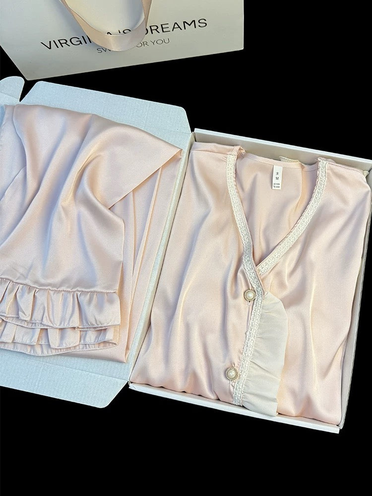 Spring and summer new style ice silk pajamas for women high-grade wood ear sleeves with chest pads sweet ruffled home clothes two-piece set