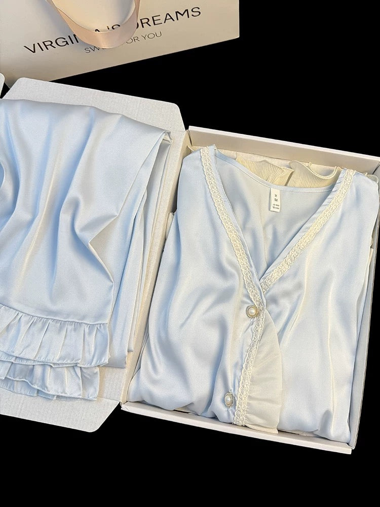 Spring and summer new style ice silk pajamas for women high-grade wood ear sleeves with chest pads sweet ruffled home clothes two-piece set