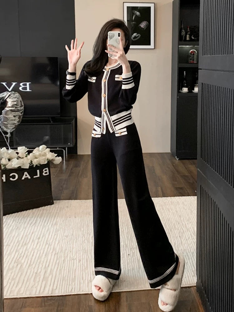 Xiaoxiangfeng knitted casual fashion suit for women, autumn style, age-reducing temperament, high-end sports wide-leg pants two-piece set