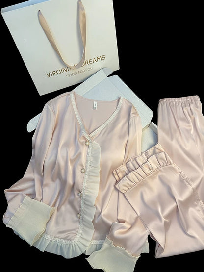 Spring and summer new style ice silk pajamas for women high-grade wood ear sleeves with chest pads sweet ruffled home clothes two-piece set