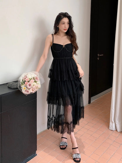 Polka dot mesh stitching lace slim waist sexy suspender dress high-end temperament holiday cake long dress
