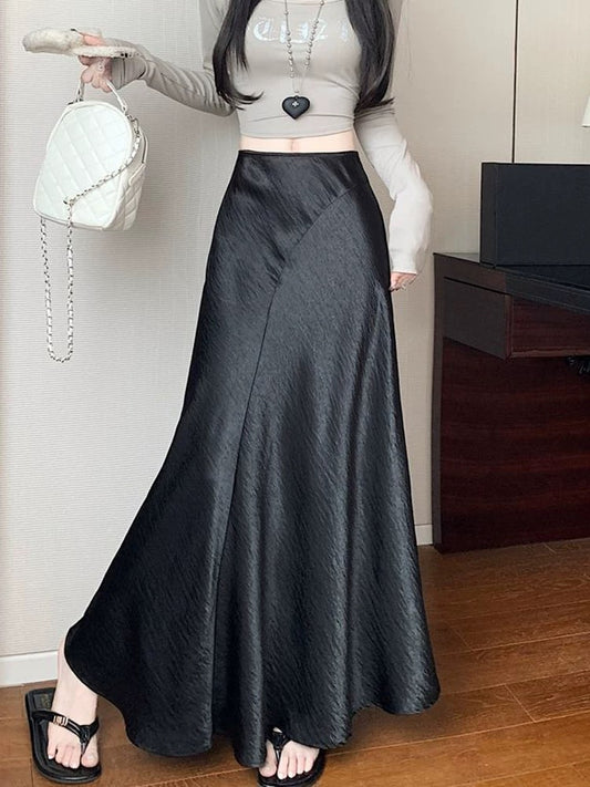 High-grade acetate satin fishtail skirt skirt for women in spring and autumn high waist slimming drape A-line long hip skirt