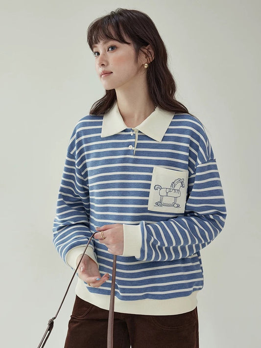 "Kitajima AMUU Original" Japanese blue striped lapel long-sleeved T-shirt women's autumn new embroidered pocket top