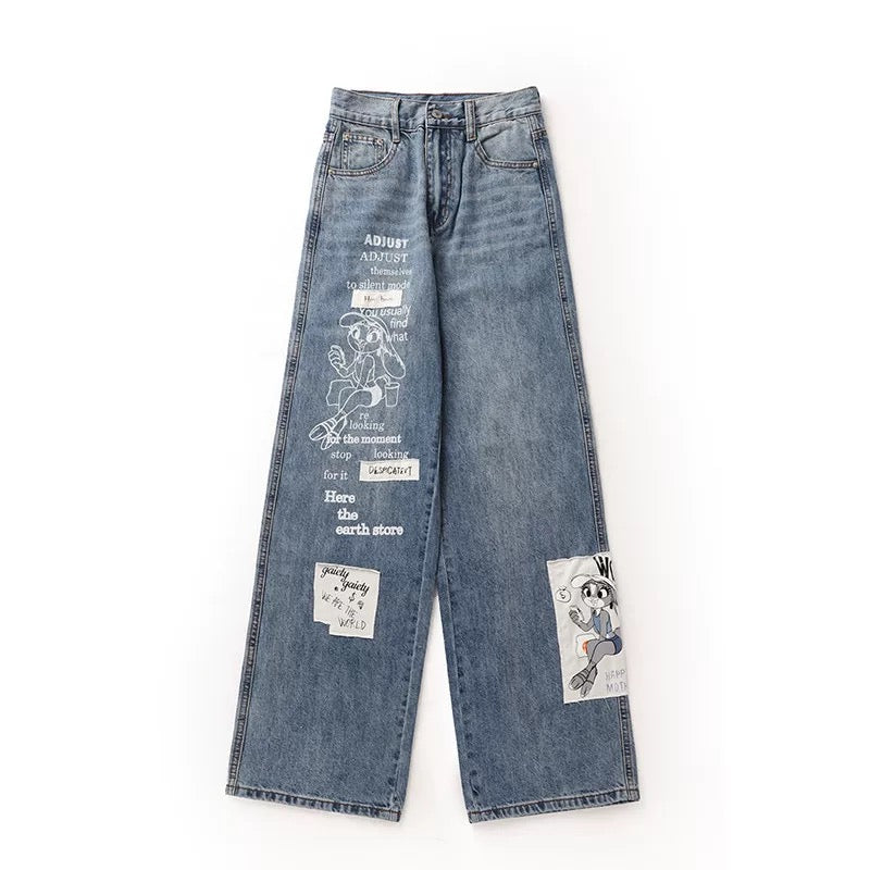 Spring loose jeans for women 2024 new design bear workwear straight wide leg floor-length pants early spring