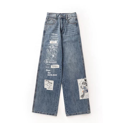 Spring loose jeans for women 2024 new design bear workwear straight wide leg floor-length pants early spring