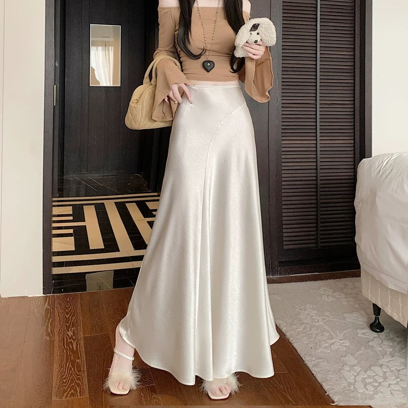 High-grade acetate satin fishtail skirt skirt for women in spring and autumn high waist slimming drape A-line long hip skirt