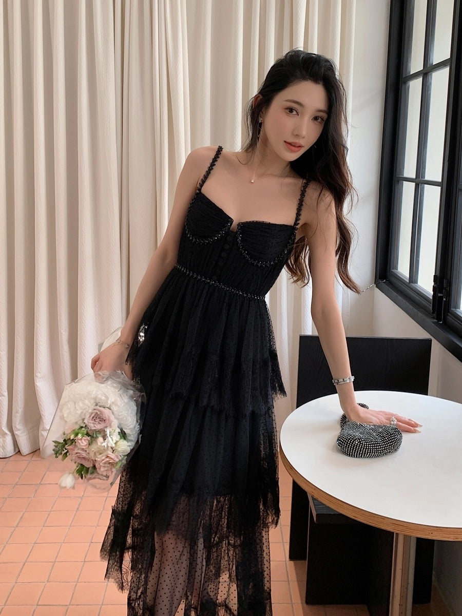 Polka dot mesh stitching lace slim waist sexy suspender dress high-end temperament holiday cake long dress