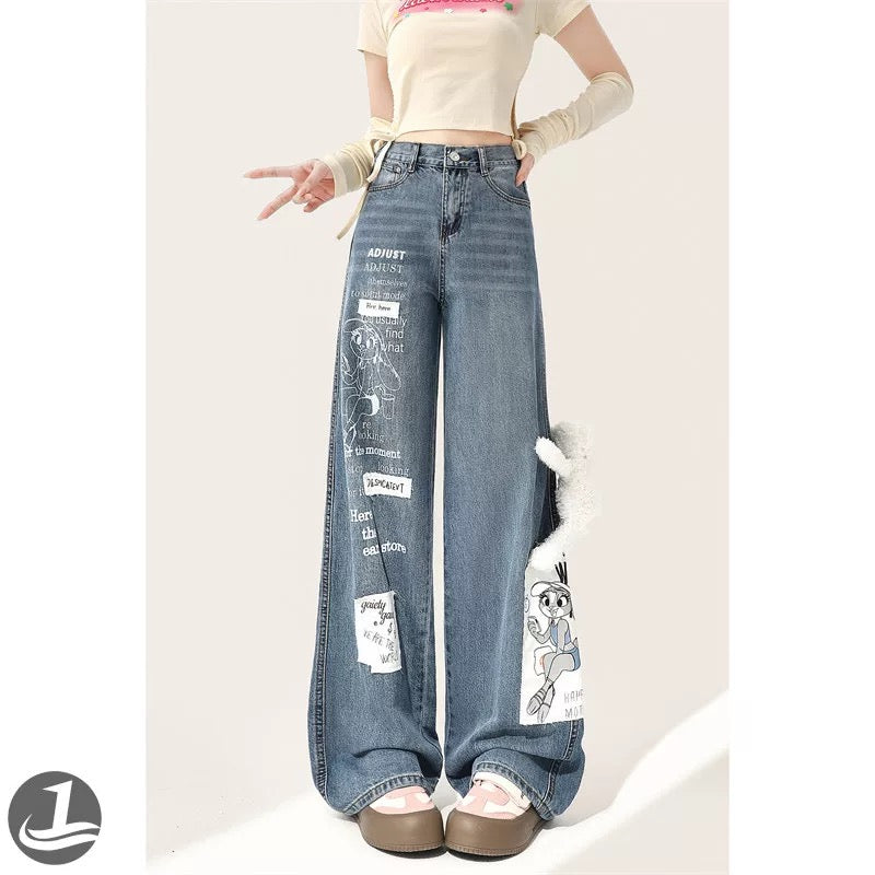 Spring loose jeans for women 2024 new design bear workwear straight wide leg floor-length pants early spring