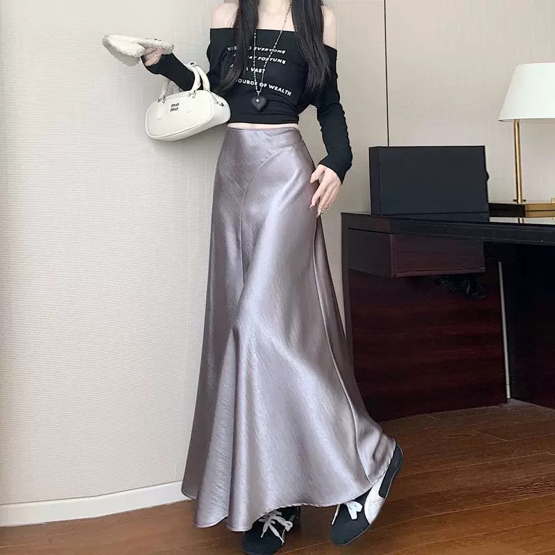 High-grade acetate satin fishtail skirt skirt for women in spring and autumn high waist slimming drape A-line long hip skirt