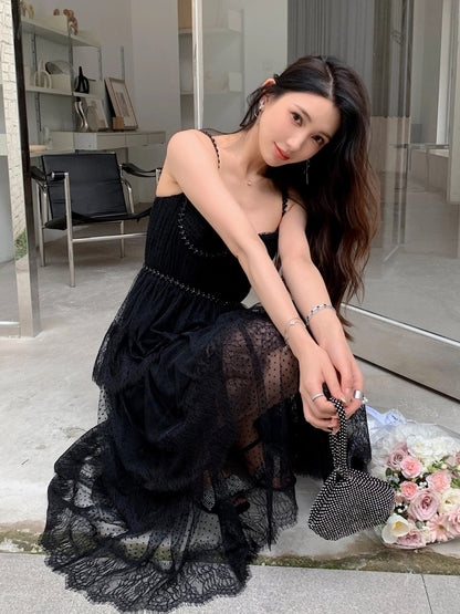 Polka dot mesh stitching lace slim waist sexy suspender dress high-end temperament holiday cake long dress