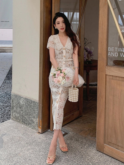 Summer new heavy lace temperament gentle short-sleeved lapel slim dress women's high-end niche straight long skirt