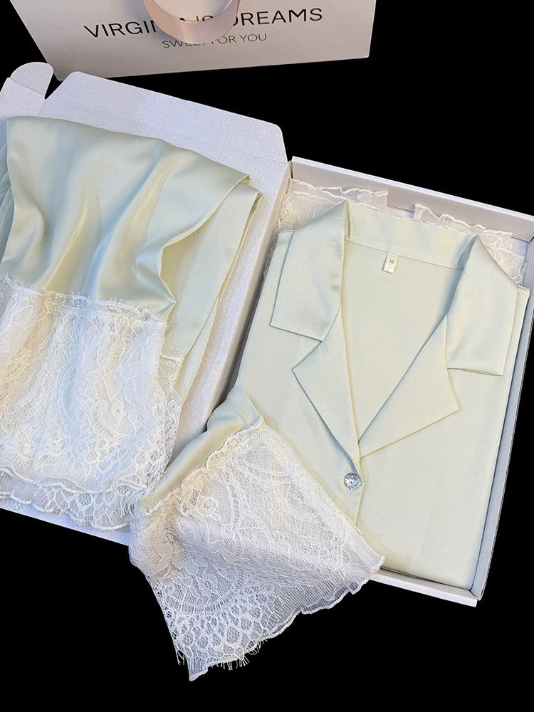Spring and summer new style pure color ice silk pajamas women's long sleeve trousers lace lace sweet princess style home clothes two-piece set