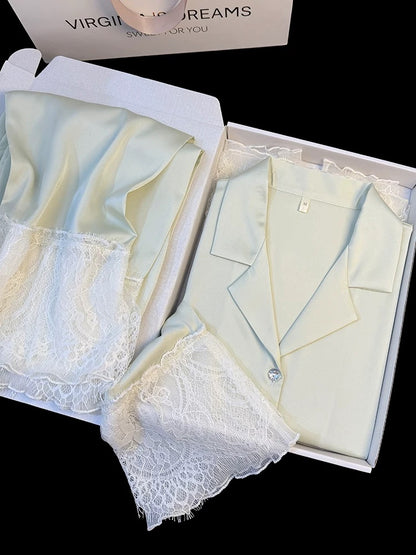 Spring and summer new style pure color ice silk pajamas women's long sleeve trousers lace lace sweet princess style home clothes two-piece set