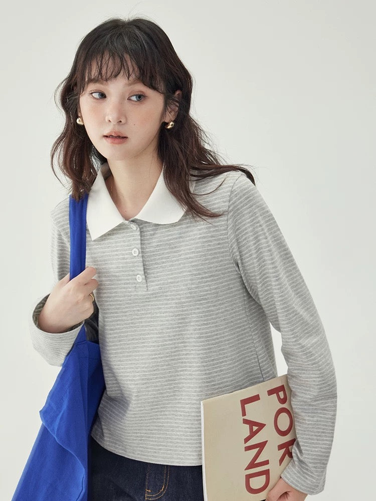 "Kitajima AMUU Original" gray striped polo half-open collar T-shirt women's autumn new loose long-sleeved top