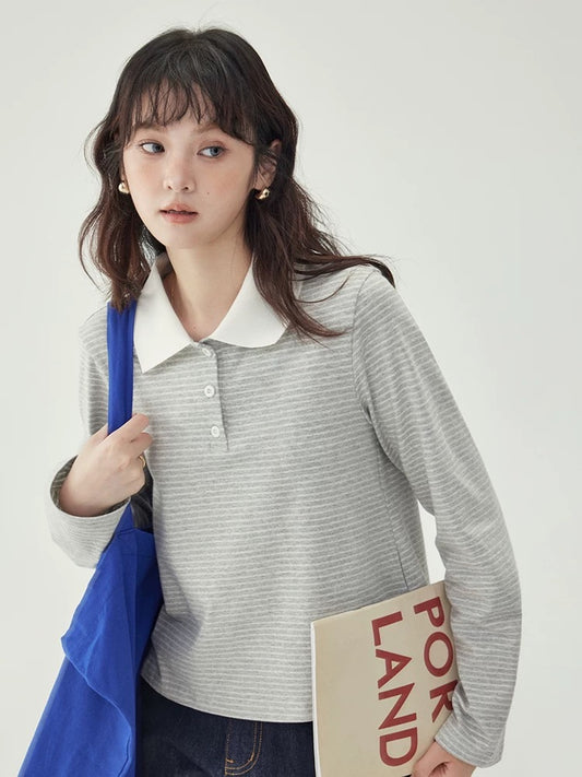 "Kitajima AMUU Original" gray striped polo half-open collar T-shirt women's autumn new loose long-sleeved top